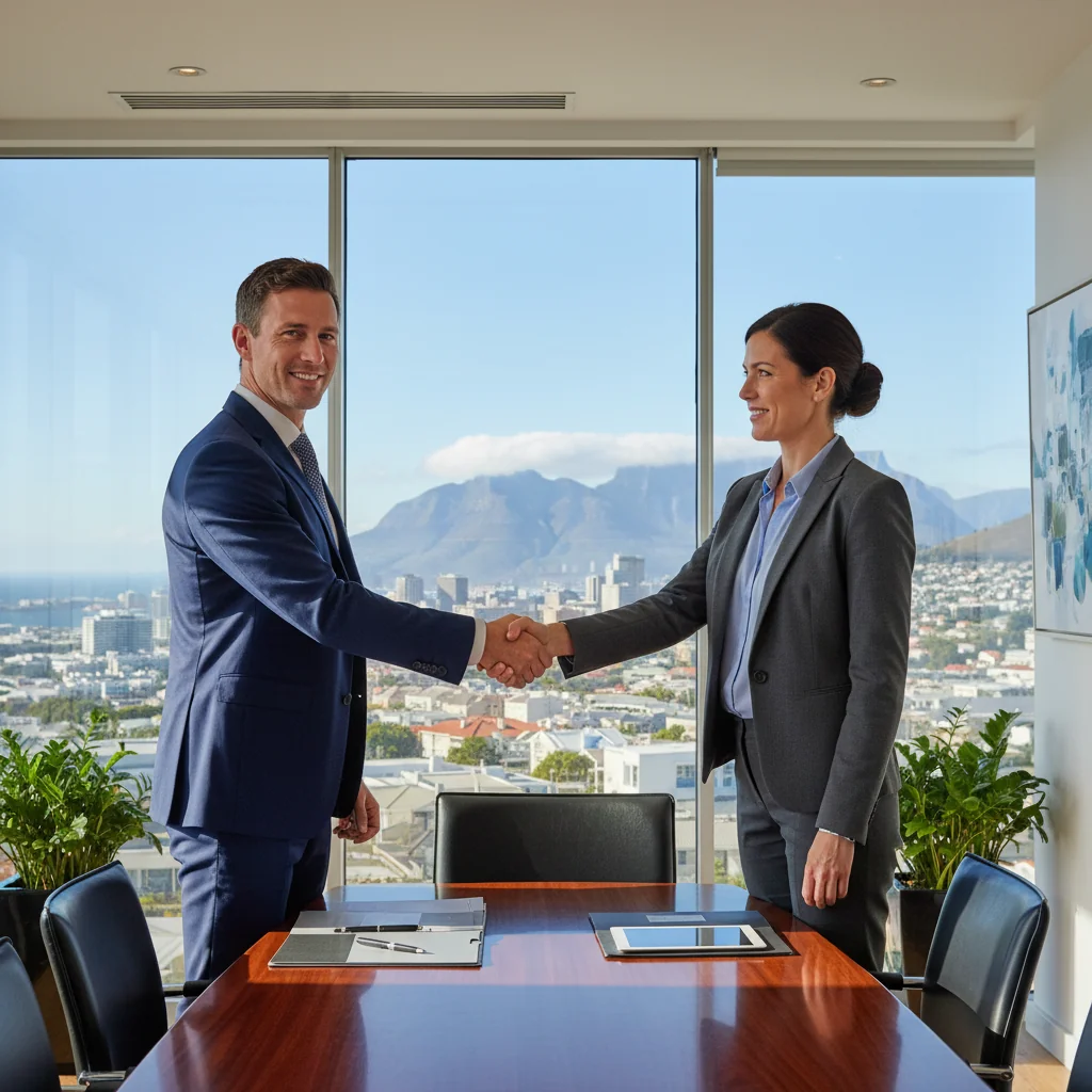 A photorealistic image of two professional adults, a business consultant and a client, shaking hands across a conference table in a modern South African office setting, symbolizing the successful negotiation and agreement in a service contract. The background features subtle South African elements like a cityscape view of Cape Town with Table Mountain, emphasizing trust, partnership, and avoidance of pitfalls in service agreements. No children are present in the image.