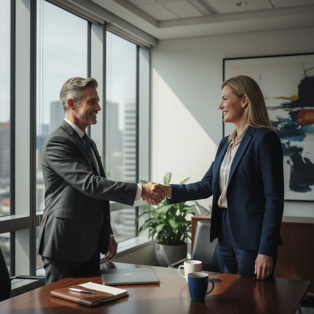 A photorealistic image of two professional adults shaking hands across a modern conference table in a bright office setting, symbolizing a successful service agreement and partnership, with elements like a laptop and coffee cups on the table to evoke a business meeting atmosphere.