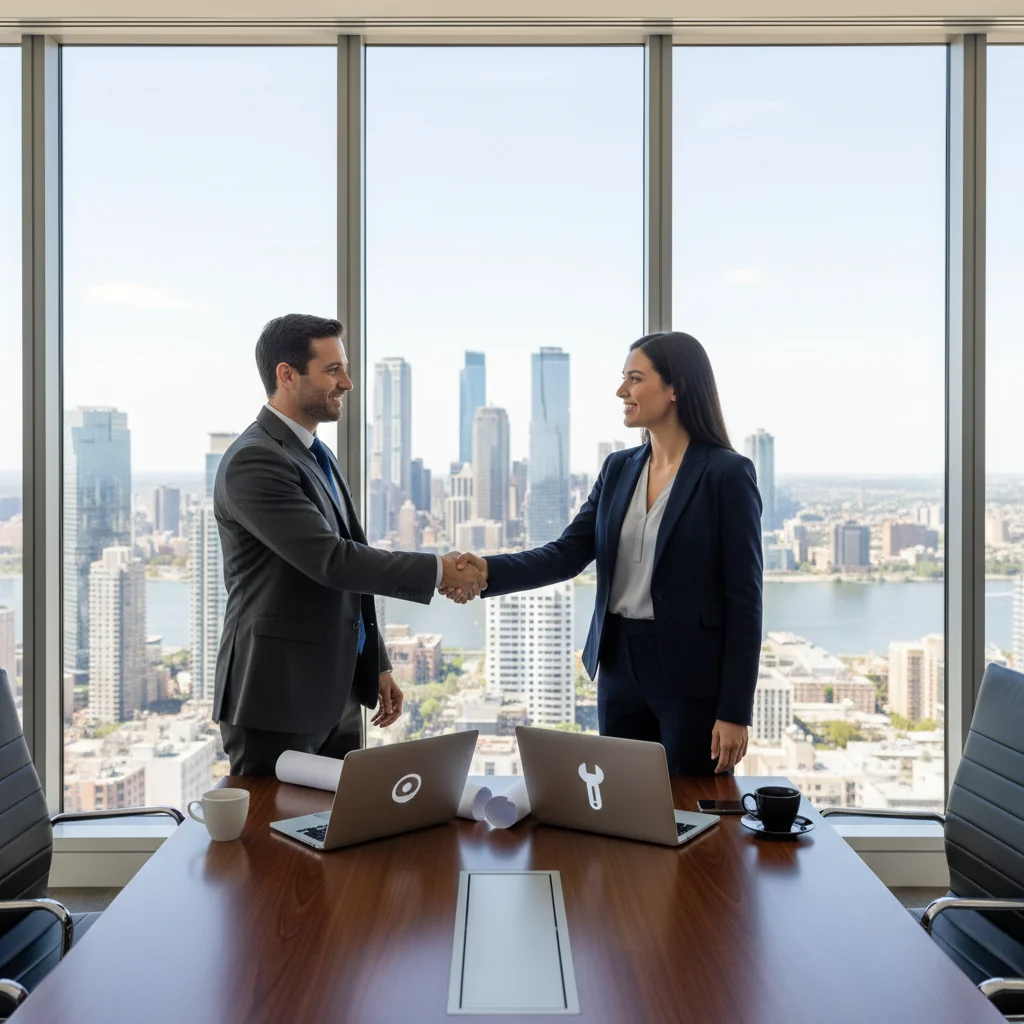 A professional business meeting in a modern office where adults are discussing and signing a service agreement, symbolizing trust and partnership in service contracts, photorealistic style.
