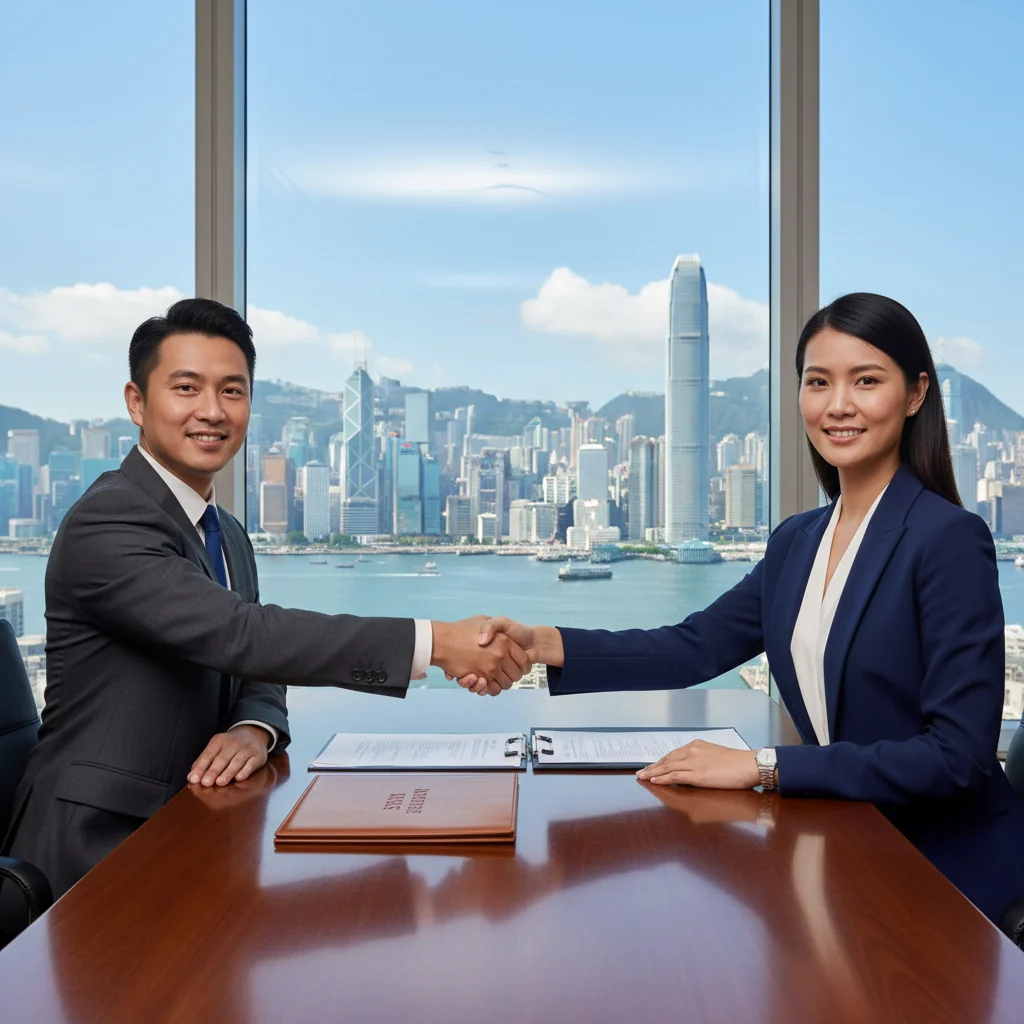 A photorealistic image of two professionals in a modern Hong Kong office, shaking hands over a conference table with the city skyline visible through large windows, symbolizing a service agreement partnership. The scene conveys trust, business collaboration, and the vibrant energy of Hong Kong's financial district. No children are present in the image.