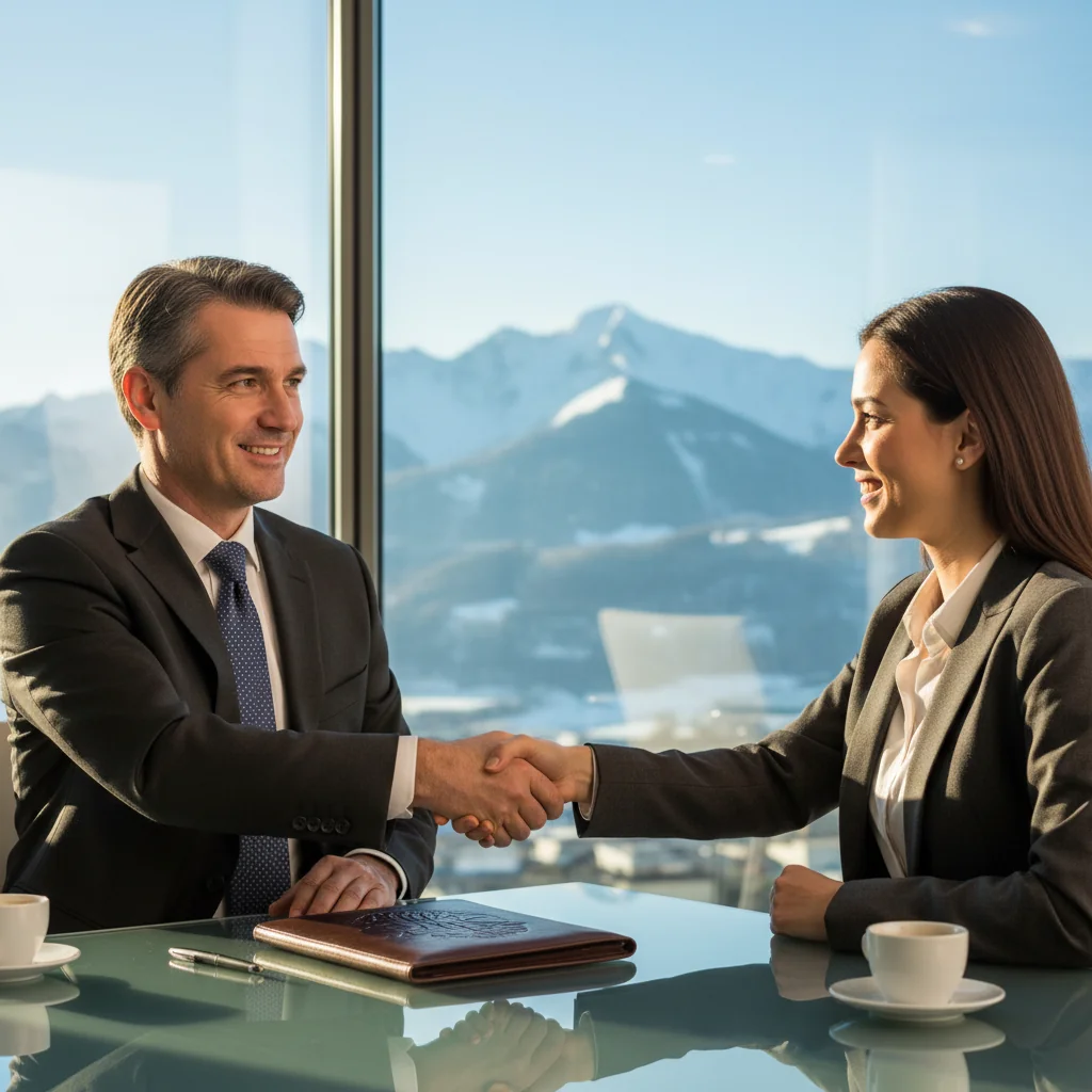 A photorealistic image representing the purpose of a Dienstleistungsvertrag in Austria, showing a professional service provider and a client shaking hands in a modern Austrian office setting, symbolizing a service agreement without displaying any legal documents.