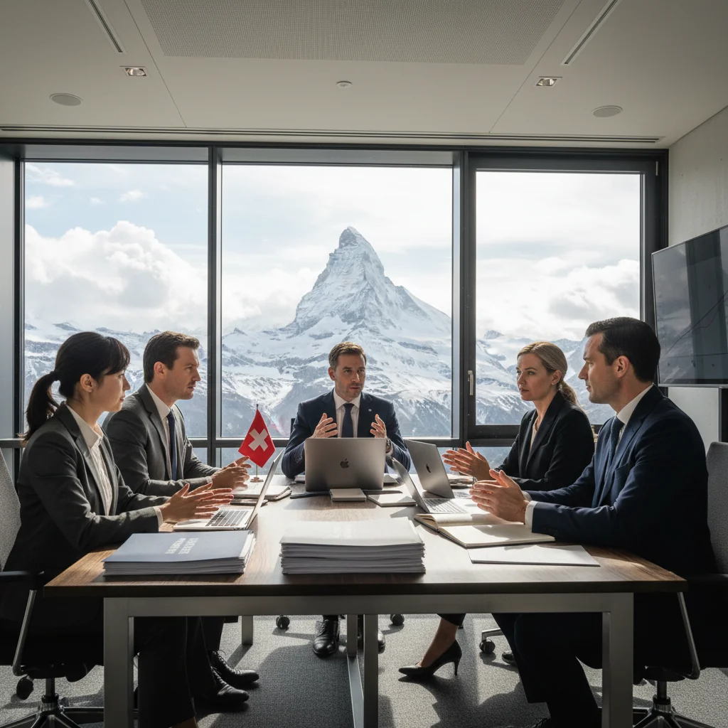 A photorealistic image of a professional business meeting in a modern Swiss office, with adults in business attire discussing service agreements around a conference table, symbolizing the purpose of a service contract in Switzerland, with subtle Swiss elements like a flag or alpine view in the background.