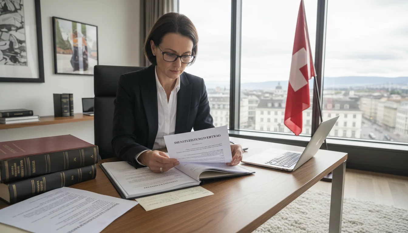 Swiss lawyer reviewing contract document
