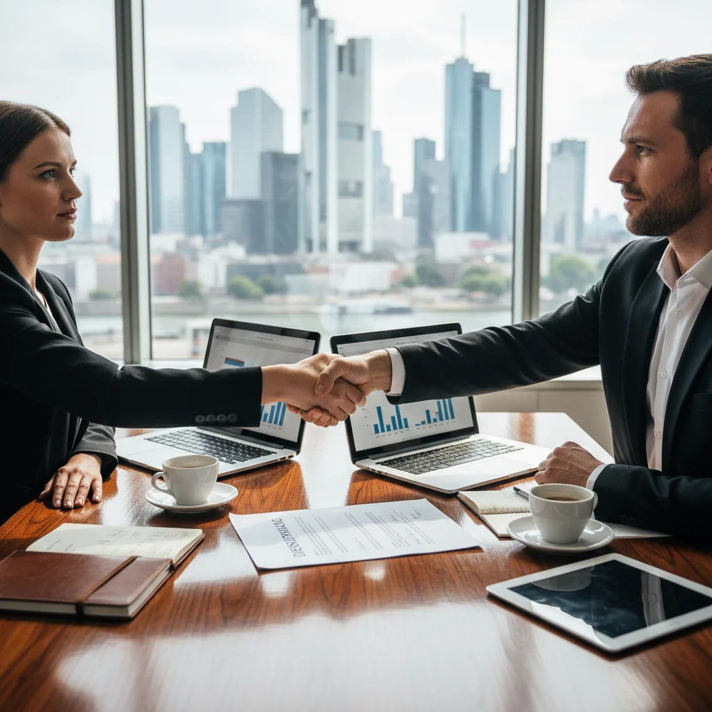 A photorealistic image of a professional business meeting in a modern German office, where two adults in business attire are shaking hands over a table with laptops and documents, symbolizing the agreement in a service contract, with a subtle German flag or Berlin skyline in the background, conveying trust and partnership in professional services.
