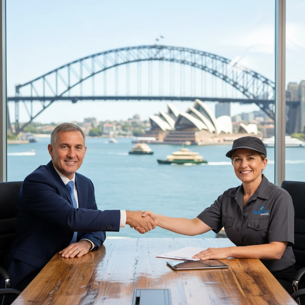 A photorealistic image of two professional adults shaking hands in a modern Australian office setting, symbolizing the agreement and partnership in a service contract, with Australian cityscape visible through the window, conveying trust and business collaboration.