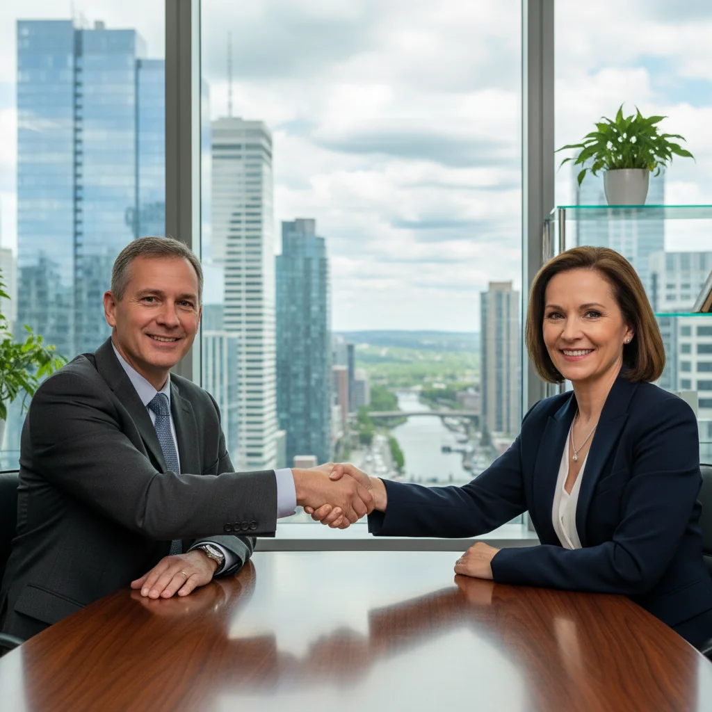 A photorealistic image of two professional adults in a modern Canadian office setting, shaking hands over a conference table to symbolize a service agreement partnership, with subtle Canadian elements like a maple leaf in the background, conveying trust and collaboration without showing any legal documents.