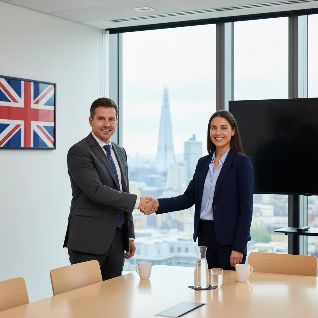 A professional scene representing service agreements in the UK, showing a business meeting between a service provider and a client shaking hands across a table in a modern office, with subtle UK elements like a Union Jack flag in the background, no legal documents visible, photorealistic style.