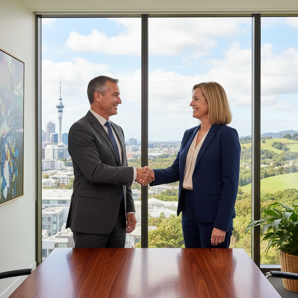 A photorealistic image of two professional adults shaking hands across a desk in a modern New Zealand office, symbolizing the agreement and partnership in a service contract, with subtle New Zealand elements like a window view of Auckland skyline or native flora in the background, conveying trust and business collaboration without showing any legal documents.