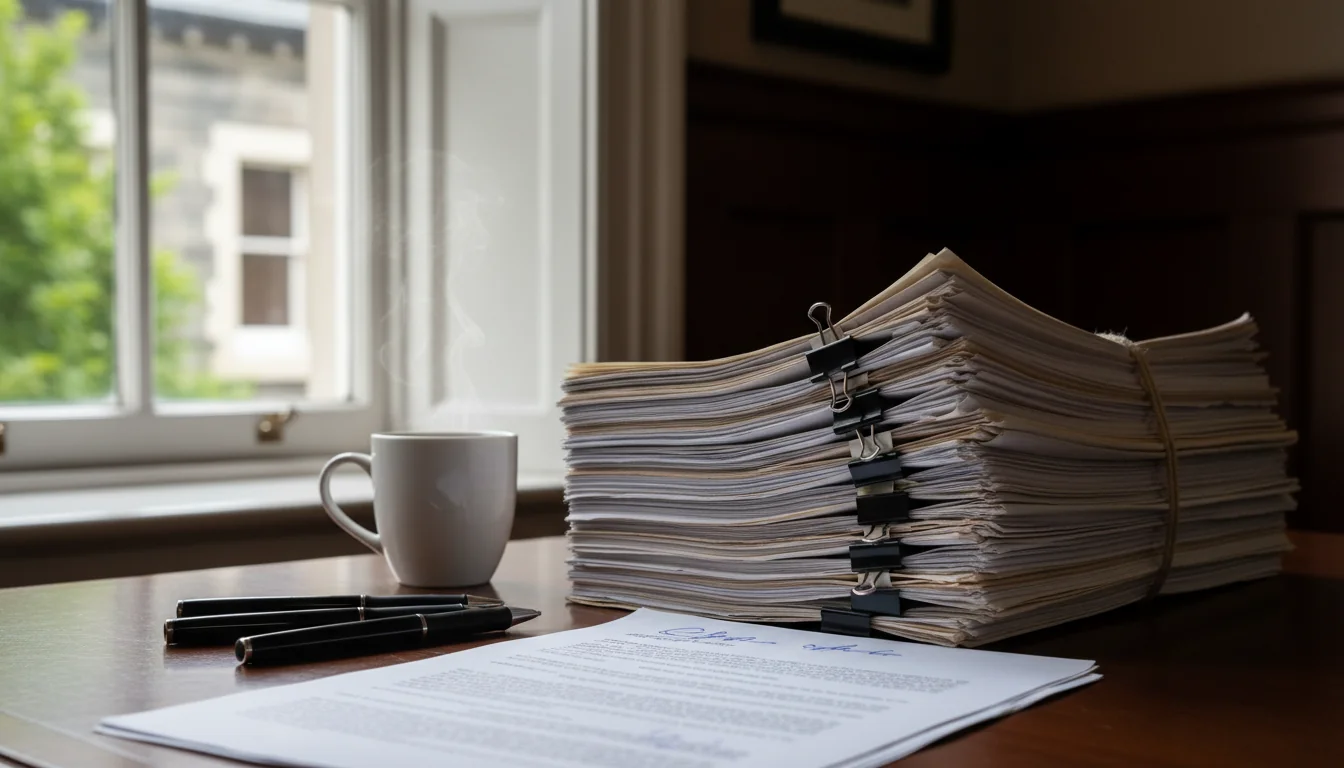 Legal documents stack in NZ office