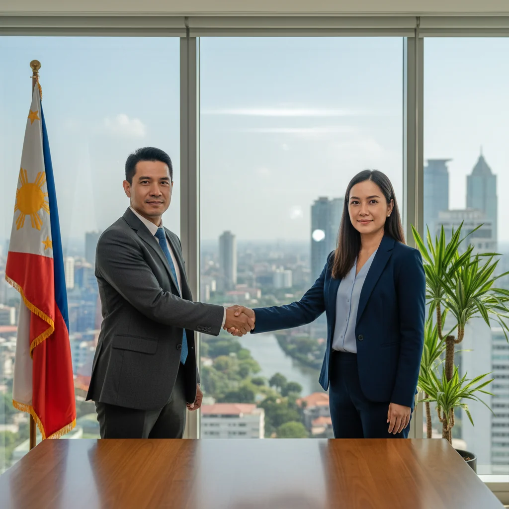 A photorealistic image of two professionals in business attire shaking hands across a desk in a modern Philippine office, symbolizing the agreement and partnership in a service contract, with subtle Philippine elements like a flag or cityscape in the background. No children or legal documents visible.