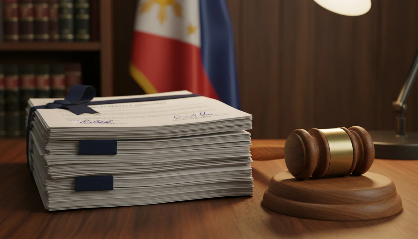 Legal documents stack with gavel