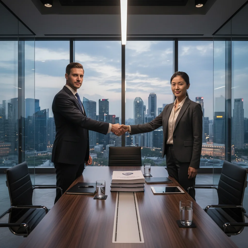 A professional business meeting in a modern Singapore office, with adults shaking hands over a service agreement, symbolizing trust and partnership in business services, photorealistic style.