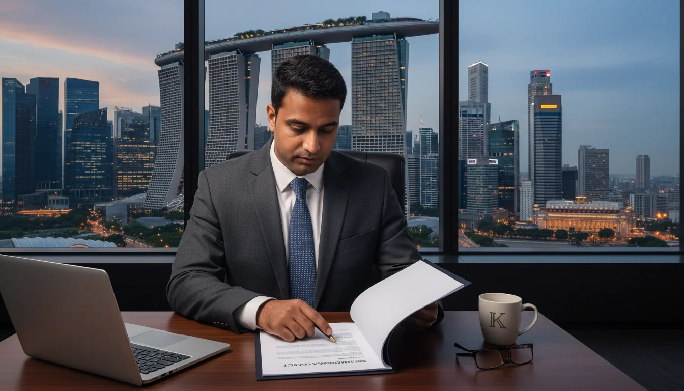 Singapore skyline with legal documents