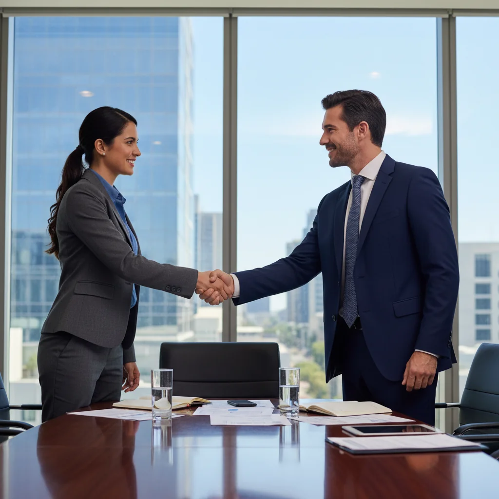 A photorealistic image depicting a professional business handshake between two adults in a modern office setting, symbolizing the agreement and partnership facilitated by a service agreement document. The scene should convey trust, collaboration, and professionalism, with no children present.