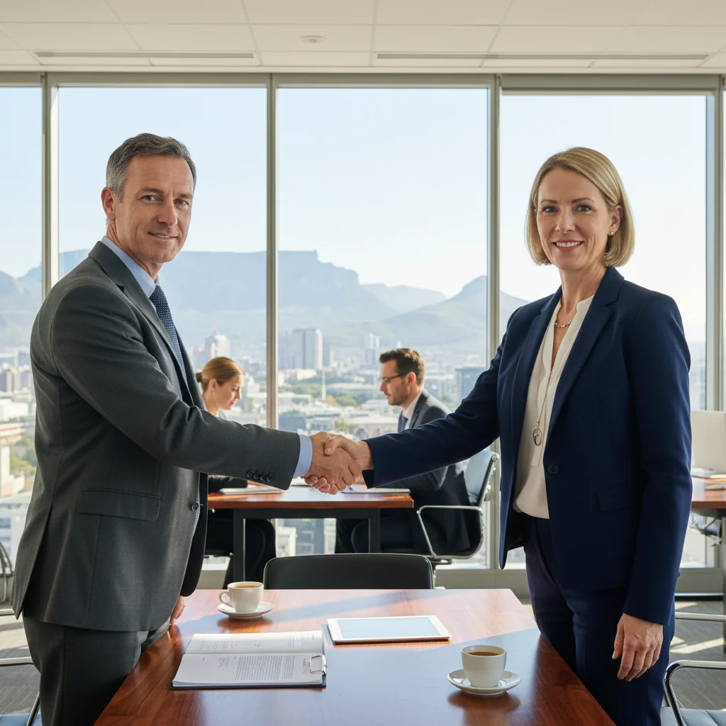 A photorealistic image of two professional adults in a modern South African office setting, shaking hands over a conference table to symbolize a service agreement partnership, with subtle South African elements like a flag or landscape in the background, conveying trust and collaboration in business services.