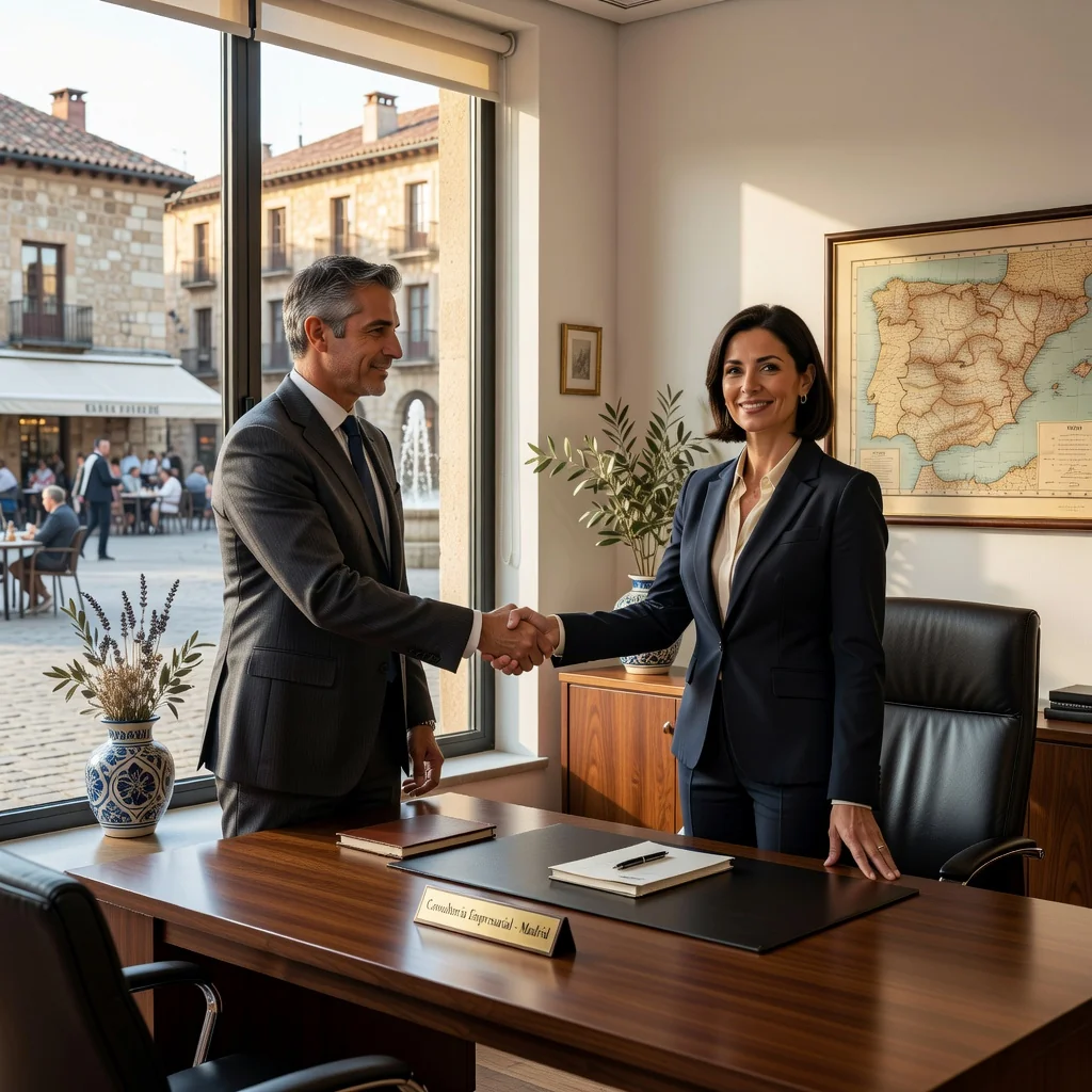 A photorealistic image representing the concept of a service contract in Spain, showing a professional adult business consultant shaking hands with a satisfied adult client in a modern Spanish office setting with subtle Spanish architectural elements like tiled floors or windows overlooking a plaza, symbolizing agreement and service provision without displaying any documents or text.