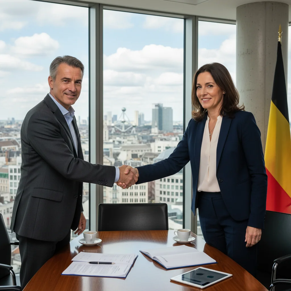 A photorealistic image representing service agreements in Belgium, depicting two professional adults in a modern Belgian office shaking hands over a business deal, with subtle Belgian flag elements in the background, symbolizing trust and partnership in service contracts.