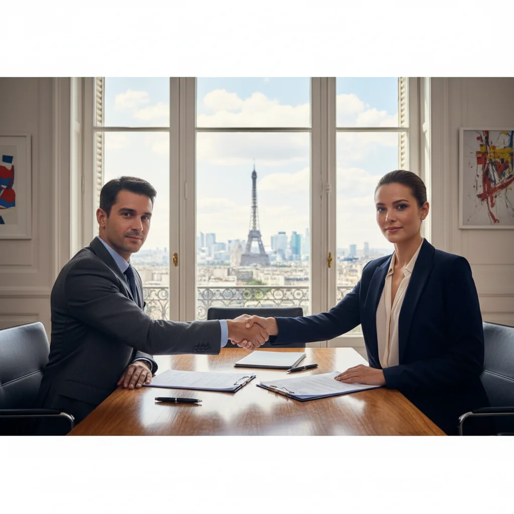 A professional business meeting in a modern French office, with adults shaking hands over a table, symbolizing service agreements and partnerships, photorealistic style.