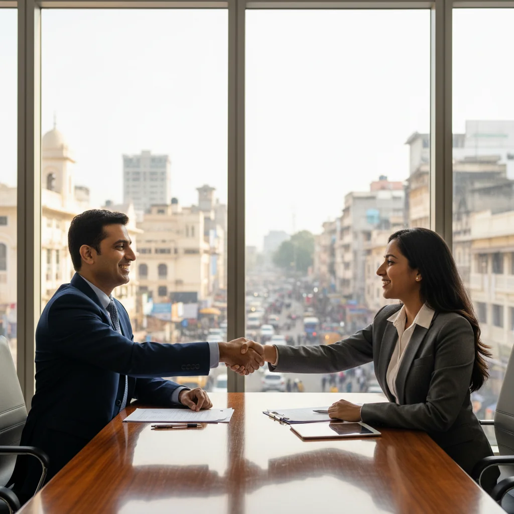 A photorealistic image of two Indian professionals in a modern office in India, shaking hands over a business deal, symbolizing the agreement and service provision in a service contract. They are adults in business attire, with Indian cultural elements like a subtle background of an Indian cityscape. No children are present. The image is professional and conveys trust and partnership.