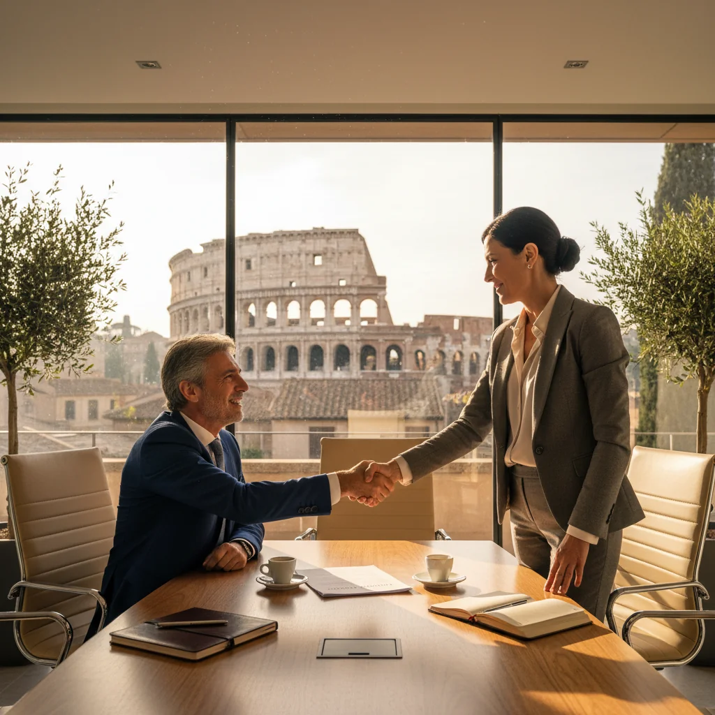 A photorealistic image of a professional business meeting in an Italian office setting, featuring adults in suits discussing service agreements over coffee, with Italian landmarks visible through the window, evoking trust and collaboration in service contracts.