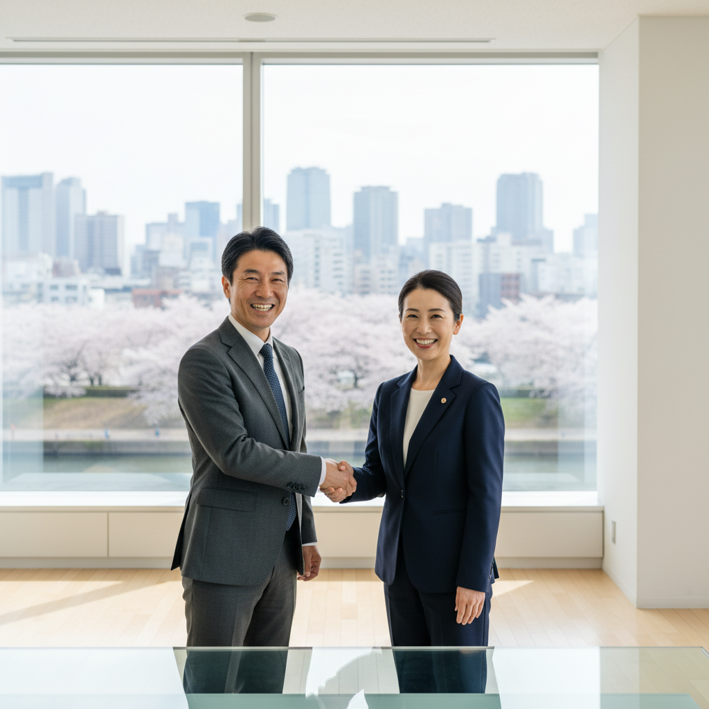 A professional business meeting in a modern Japanese office, where two adults in business attire are shaking hands across a table, symbolizing the agreement and trust in a service contract, with subtle Japanese elements like a city skyline view through the window.