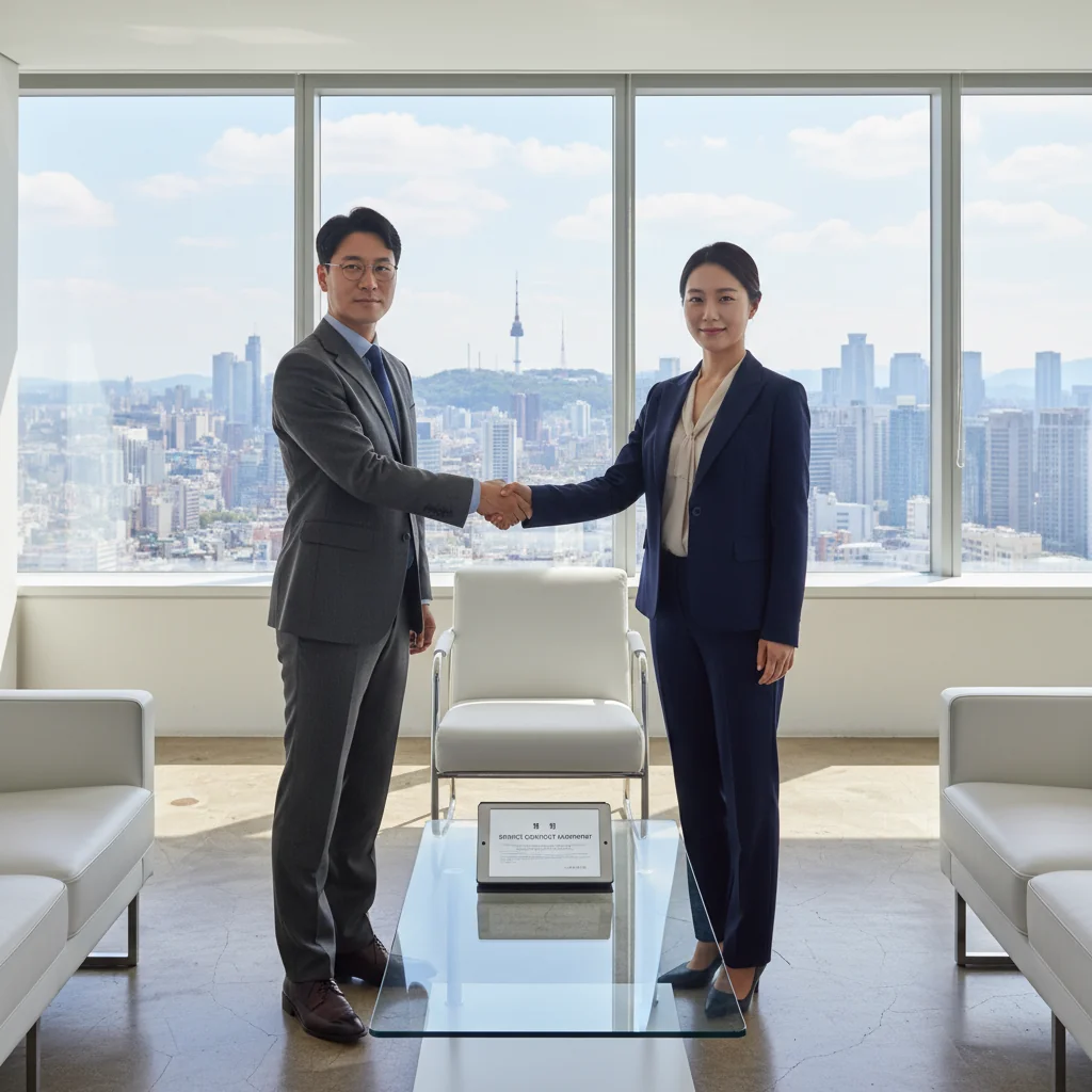 A professional business meeting in a modern South Korean office, where two adults are shaking hands over a service agreement, symbolizing trust and partnership in service contracts, with subtle Korean cultural elements like a city skyline view from the window.