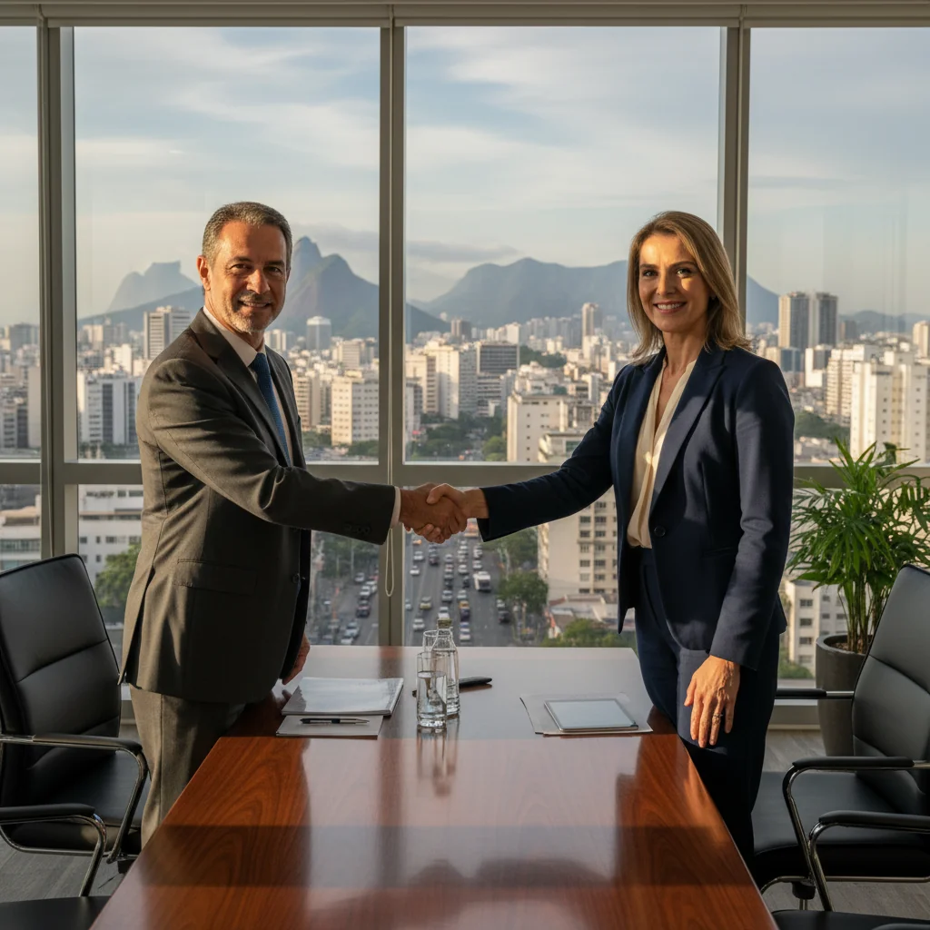 A photorealistic image of two professional adults, a business consultant and a client, shaking hands in a modern Brazilian office setting, symbolizing a service provision agreement. The scene captures the trust and collaboration involved in service contracts, with elements like a conference table, city skyline view of Rio de Janeiro in the background, and no children present.