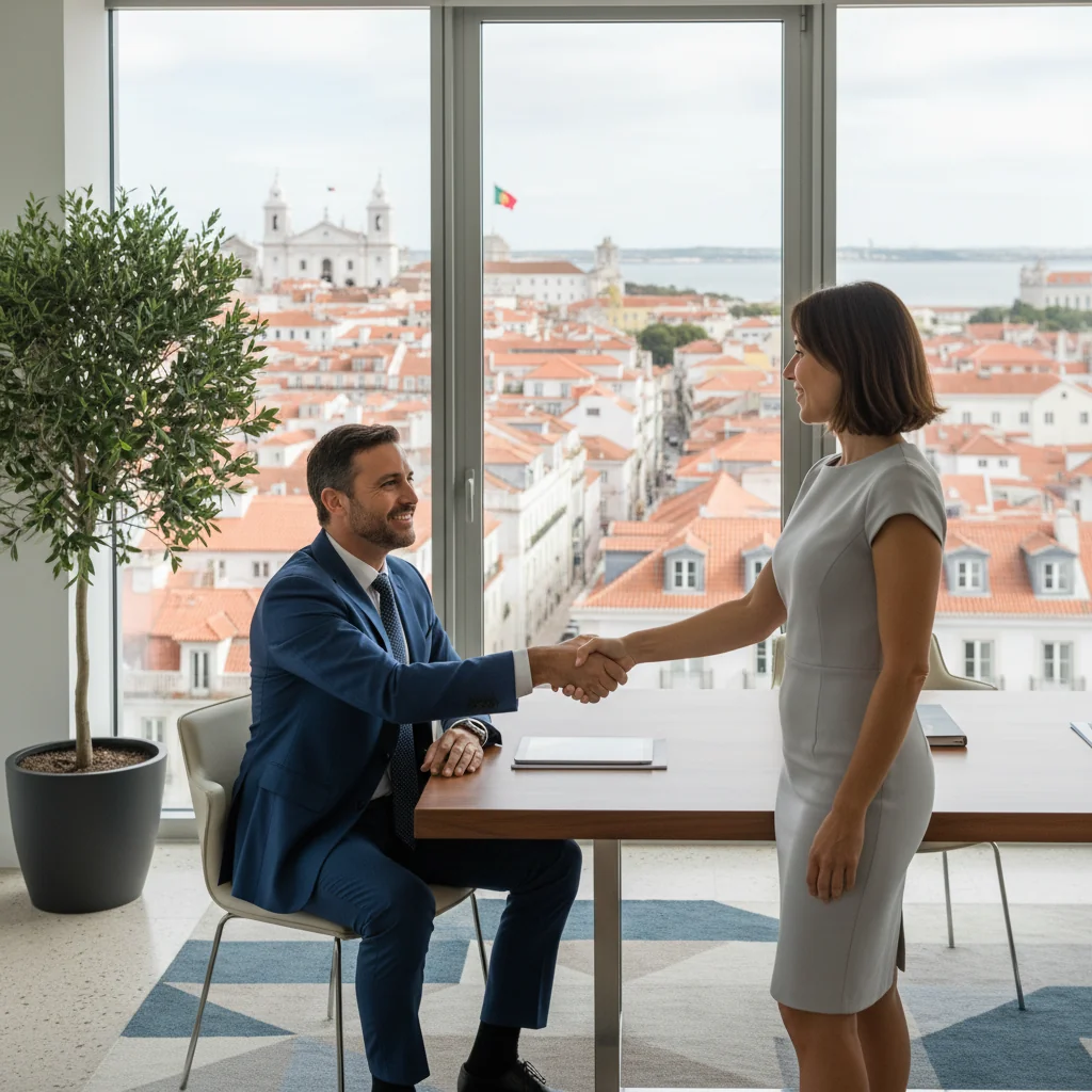 A photorealistic image depicting a professional service agreement in Portugal, showing two adults shaking hands in a modern office setting with subtle Portuguese elements like a flag or architecture in the background, symbolizing a business service contract without focusing on the document itself.