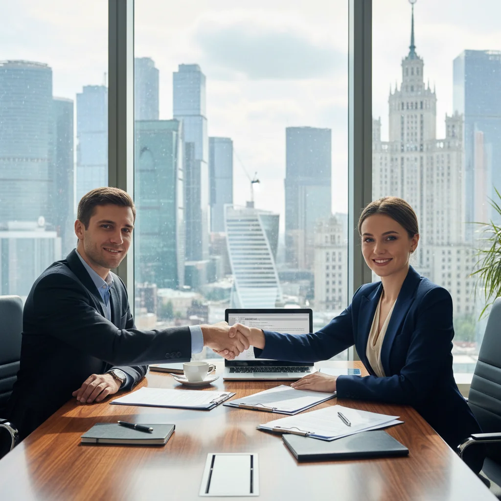 A professional business meeting in a modern Russian office, where adults are discussing service agreements over documents and laptops, symbolizing the purpose of a paid services contract in Russia.