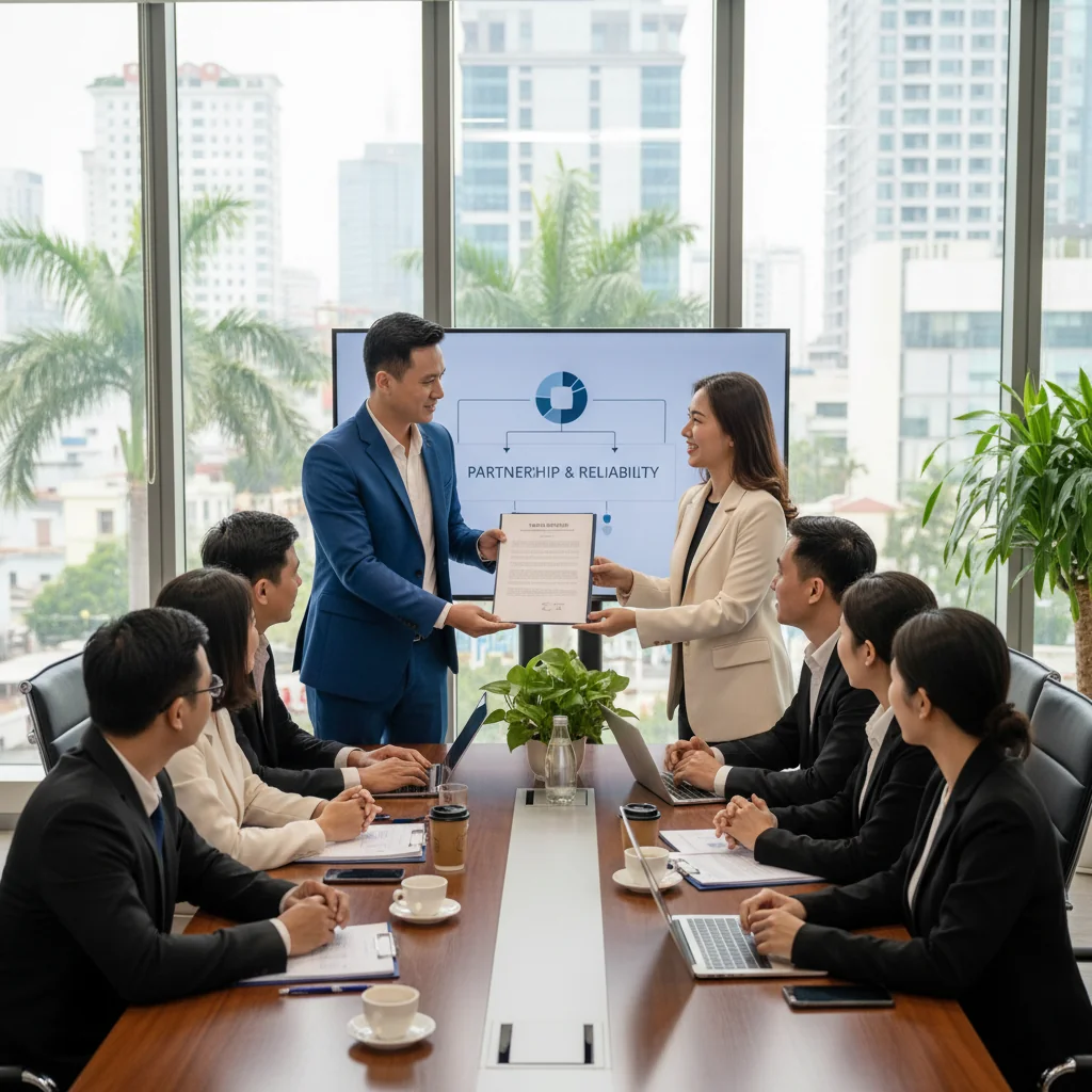 A professional Vietnamese business meeting in a modern office, with adults shaking hands over a service agreement, symbolizing trust and collaboration in legal service contracts, photorealistic style.