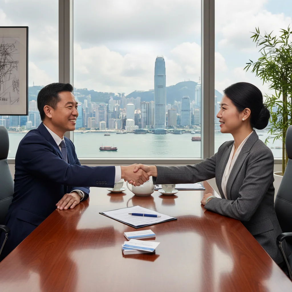 A photorealistic image of two professionals in a modern Hong Kong office shaking hands over a business agreement, symbolizing the establishment of a service agreement. The scene includes elements of Hong Kong skyline in the background through a window, with adults only, no children present.