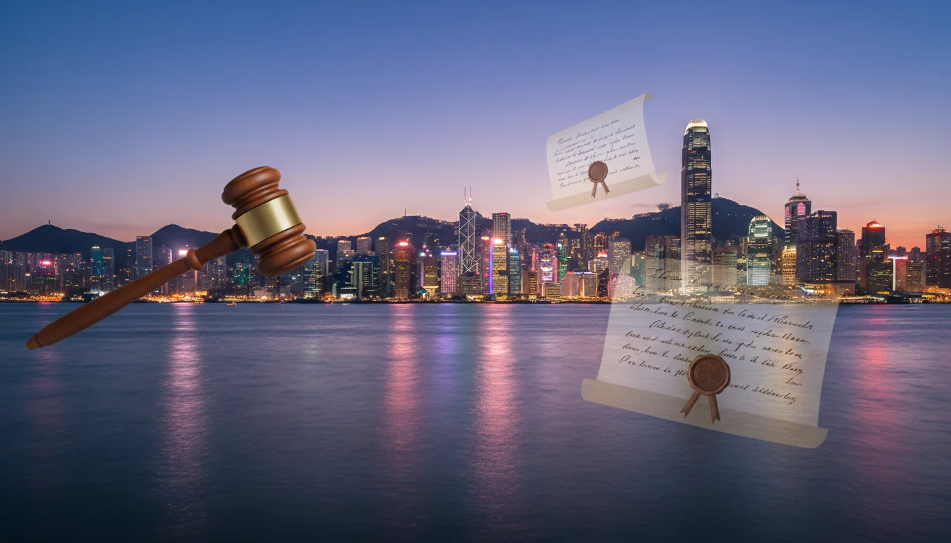 Hong Kong skyline with legal icons