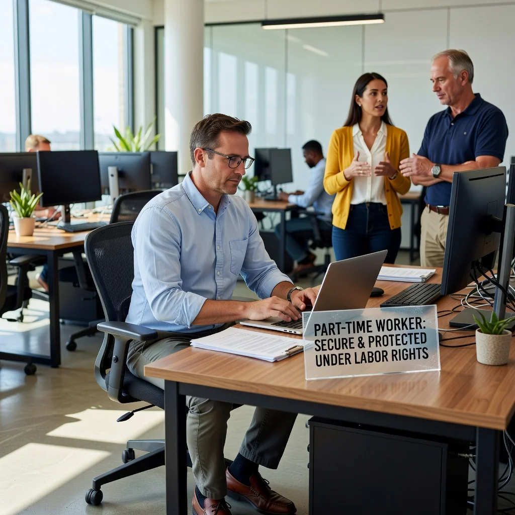 A photorealistic image of an adult employee in a professional work environment, such as an office or retail setting, representing part-time employment with guaranteed minimum hours. The focus is on the worker engaged in their tasks, symbolizing rights and obligations in a part-time job contract. No children are present in the image.