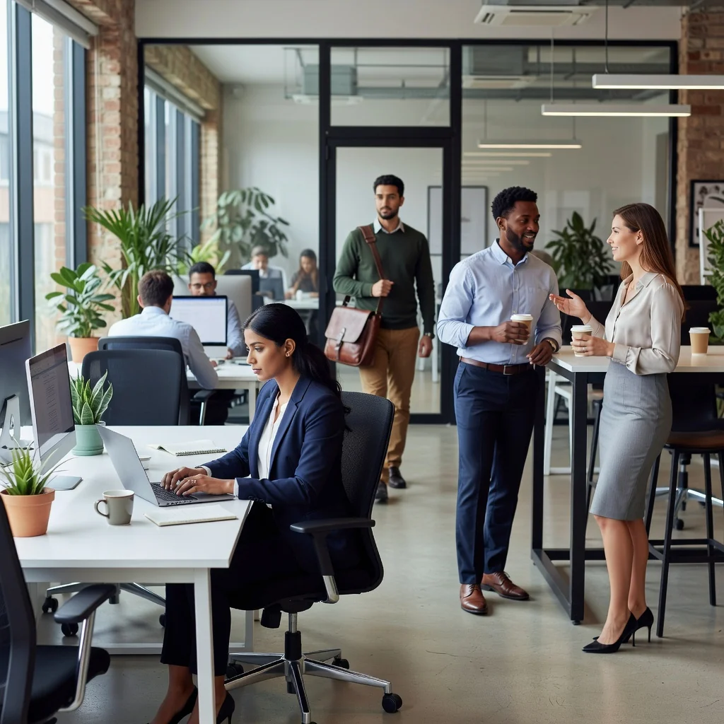 A photorealistic image of a diverse group of young adults in a modern UK office setting, engaged in flexible work activities such as one person working at a desk with a laptop, another in a casual meeting, and a third arriving for a shift, symbolizing the flexibility and uncertainty of zero-hours contracts in employment, with no children present and a professional yet relatable atmosphere.
