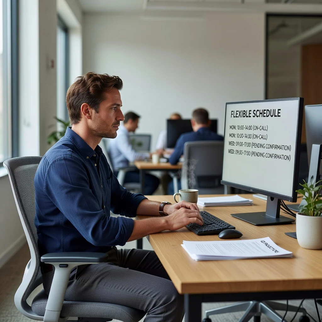 A photorealistic image depicting an adult temporary worker in a modern office environment, looking thoughtfully at a clock or calendar, symbolizing flexible zero-hour contracts, with no legal documents visible, and no children present.