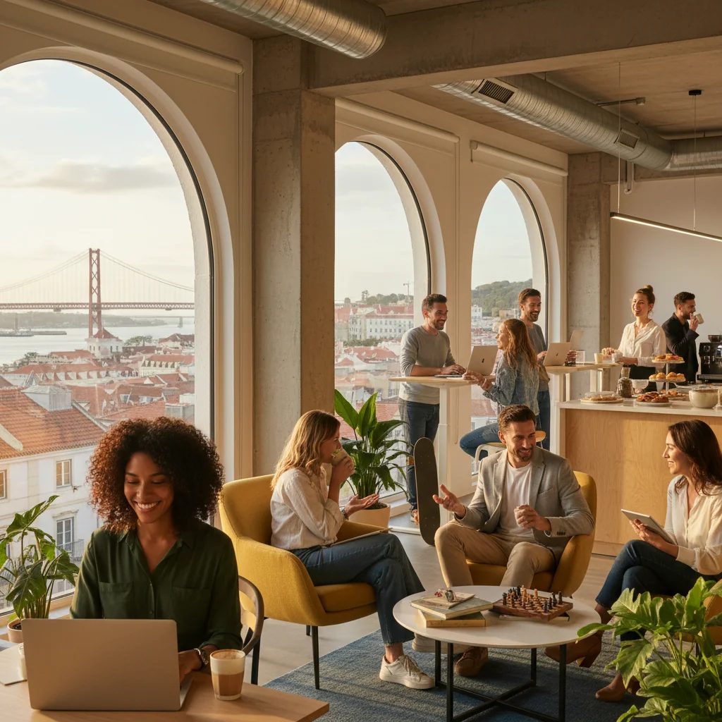 A photorealistic image depicting the advantages of a part-time work contract with variable hours in Portugal, showing a diverse group of adult professionals in a modern Portuguese office environment, balancing work and personal life, such as one person working flexibly at a desk with a view of Lisbon, another attending a casual meeting, emphasizing flexibility, satisfaction, and work-life balance without any legal documents visible.