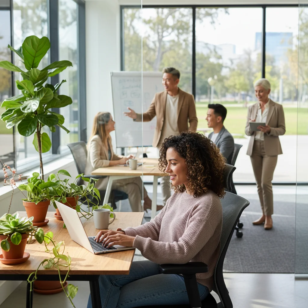 A photorealistic image depicting the flexibility of modern work arrangements, showing a diverse group of adults in a contemporary office setting: one person working remotely on a laptop from a cozy home office, another collaborating in a meeting room with flexible seating, and a third balancing work with leisure by walking outdoors with a tablet, symbolizing the benefits and challenges of flexible labor contracts. No children are present. The scene is vibrant, professional, and inclusive, highlighting work-life balance without focusing on legal documents.