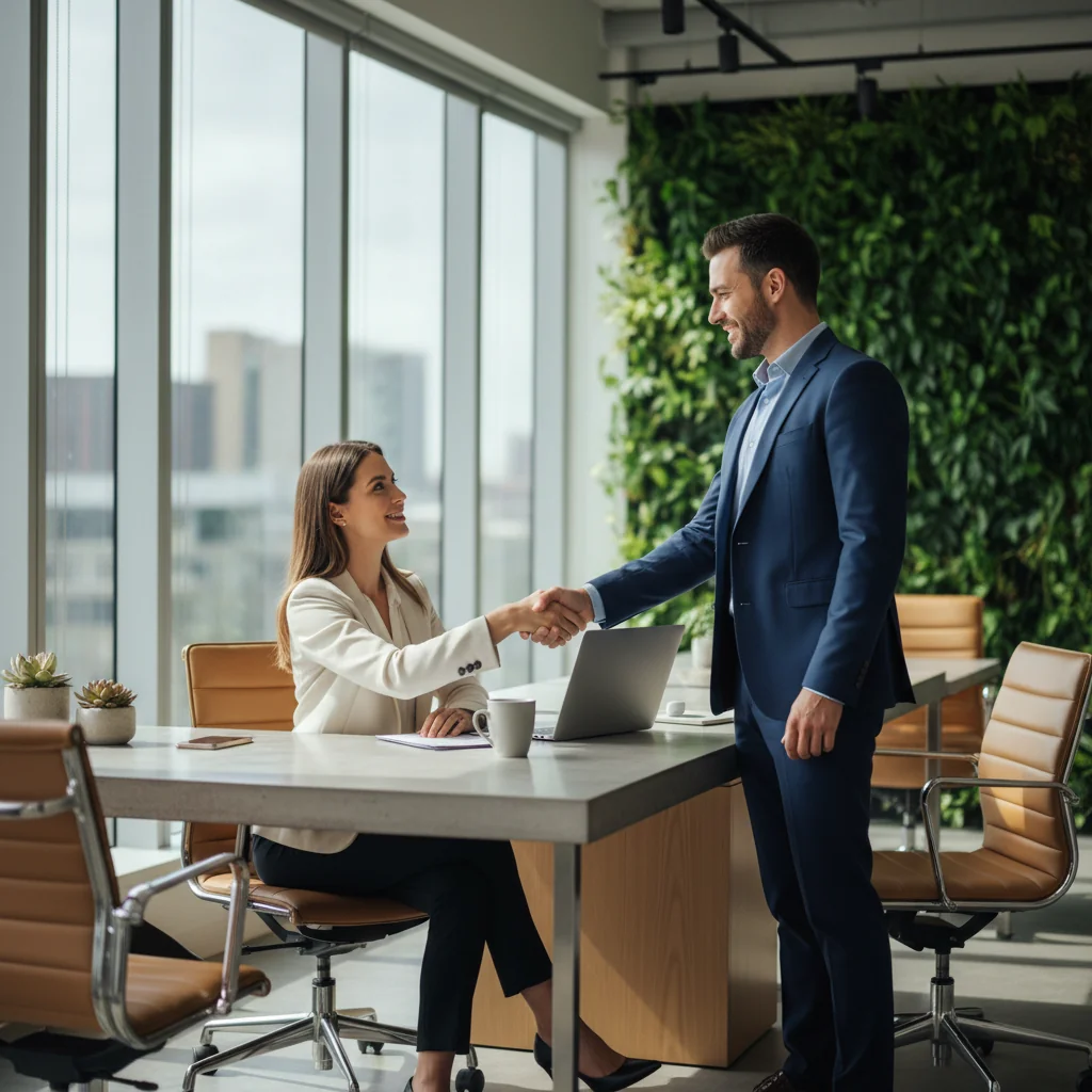 A photorealistic image of a professional adult employee in a modern office environment, shaking hands with a business colleague across a desk, symbolizing the start of an at-will employment agreement. The scene conveys trust, professionalism, and the beginning of a work relationship, with no legal documents visible. Ensure no children are present.