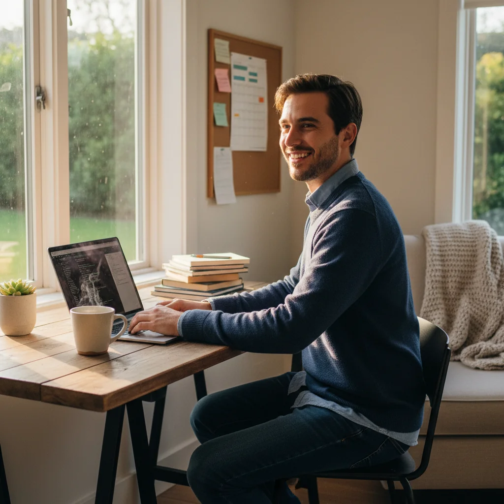 A photorealistic image depicting an adult employee in a flexible work environment, such as working at a desk with a laptop in a modern office or from home, symbolizing part-time work with variable hours. The scene should convey balance between work and personal life, with no legal documents visible. No children are present in the image.