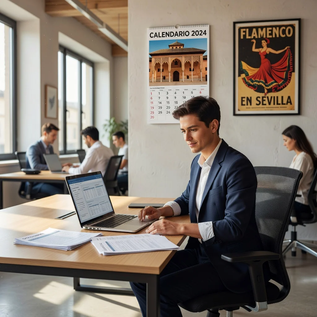A photorealistic image of a young adult employee in a modern Spanish office, sitting at a desk with a laptop, reviewing work documents during a part-time shift, conveying a sense of professional focus and work-life balance. The scene includes subtle Spanish elements like a flag or typical office decor in the background, with natural daylight filtering through windows.