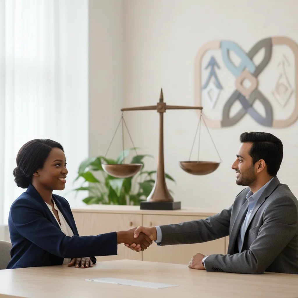A photorealistic image depicting a balanced professional workplace scene with an adult employer and adult employee shaking hands in a modern office, symbolizing the pros and cons of at-will employment, with subtle elements like a scale in the background representing benefits and drawbacks.