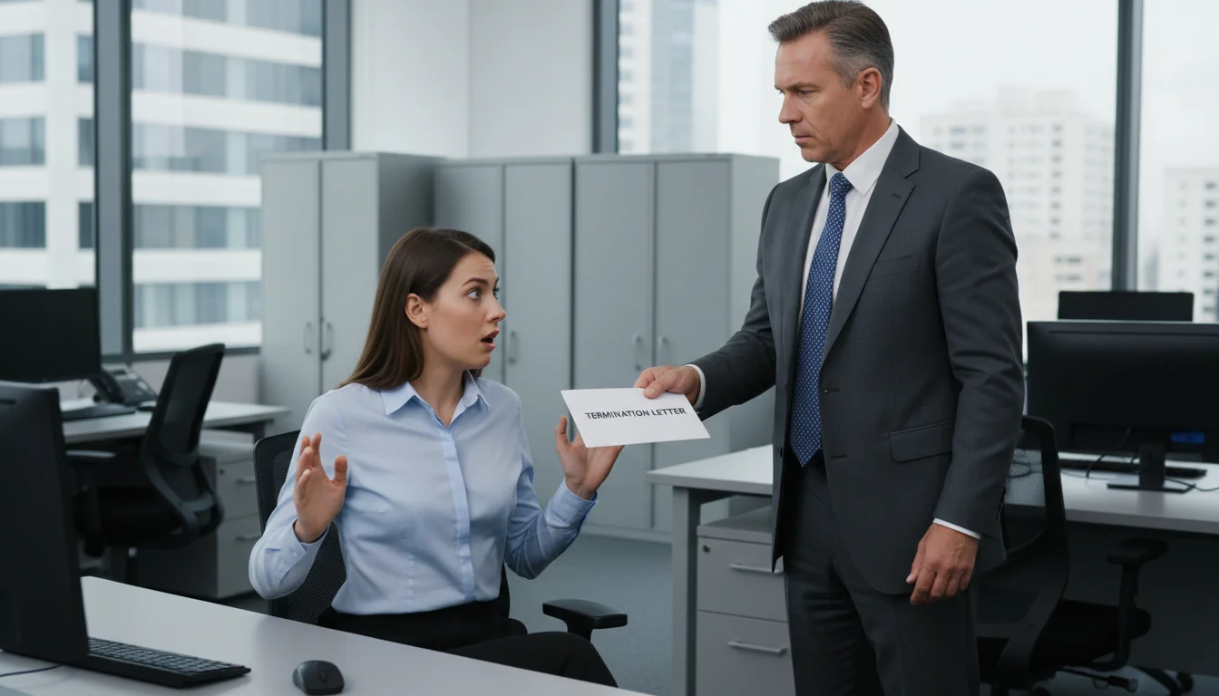 Boss firing employee at desk