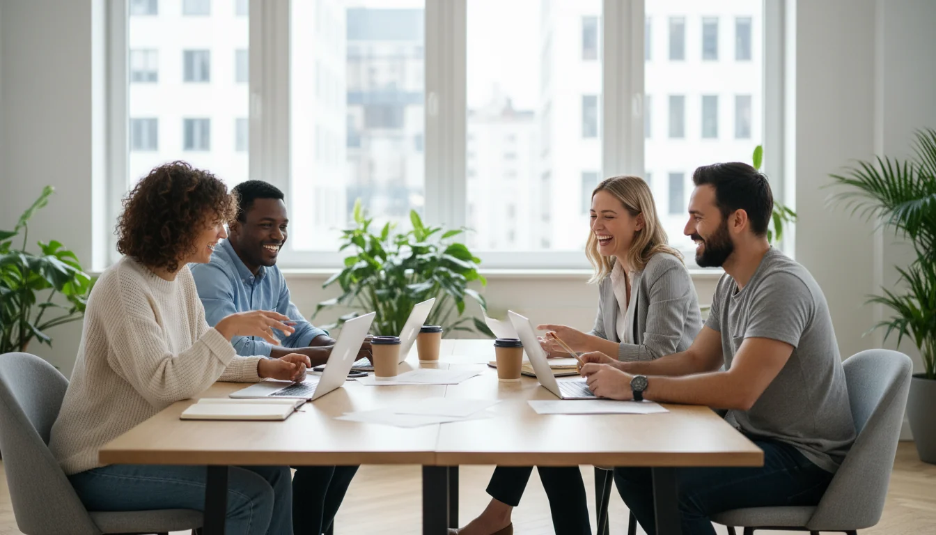 Happy team collaborating in office