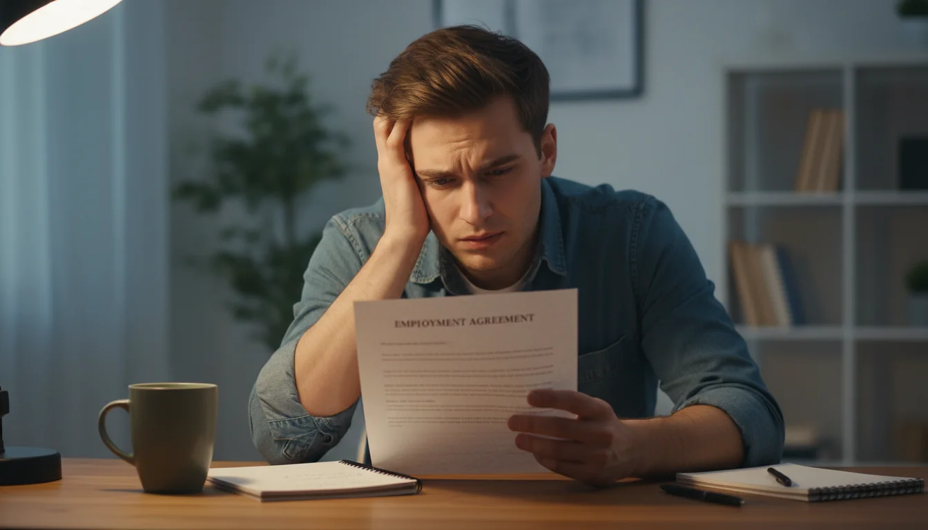 Stressed worker reviewing contract