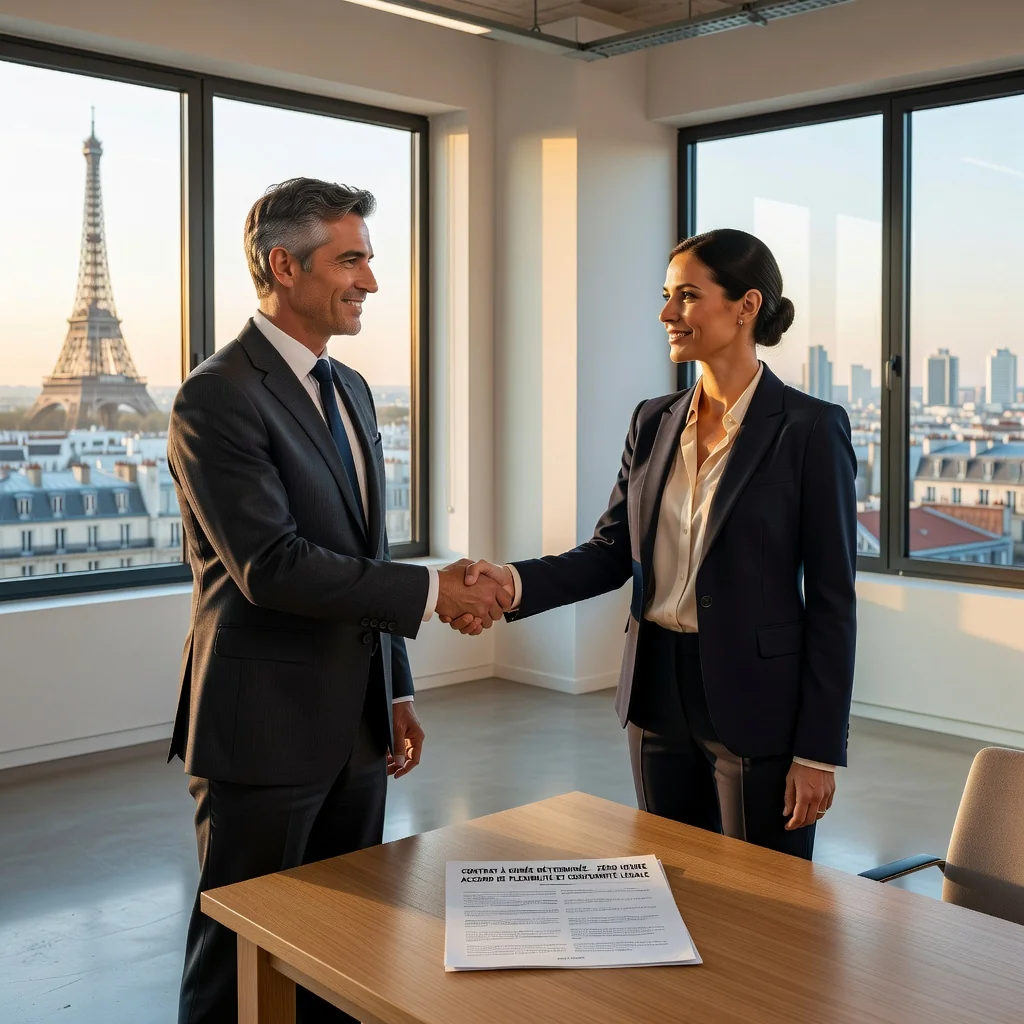 A photorealistic image of an adult professional in a modern French office setting, shaking hands with another adult professional across a desk, symbolizing the signing of a flexible employment contract without focusing on the document itself. The scene conveys agreement, opportunity, and compliance in a work environment.