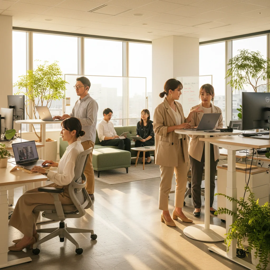 A photorealistic image of a diverse group of Japanese adults in a modern office setting, engaged in flexible work arrangements such as remote collaboration via video call, with some working at desks and others in casual meeting areas, symbolizing adaptable labor contracts in Japan. No children are present.