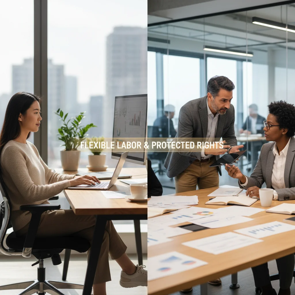 A photorealistic image of a diverse group of adult professionals in a modern office setting, engaged in flexible work arrangements. One person is working remotely on a laptop from a comfortable home office, while another collaborates in person with colleagues around a table, symbolizing balanced labor contracts and protected worker rights. The atmosphere is positive and empowering, with natural lighting and realistic details.
