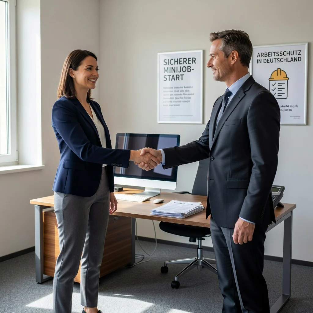A photorealistic image of a professional adult employee in a modern German office setting, shaking hands with an employer across a desk, symbolizing the start of a minijob employment agreement. The scene conveys trust, professionalism, and legal security in employment, with subtle German elements like a flag or office decor in the background. No children or legal documents are visible.