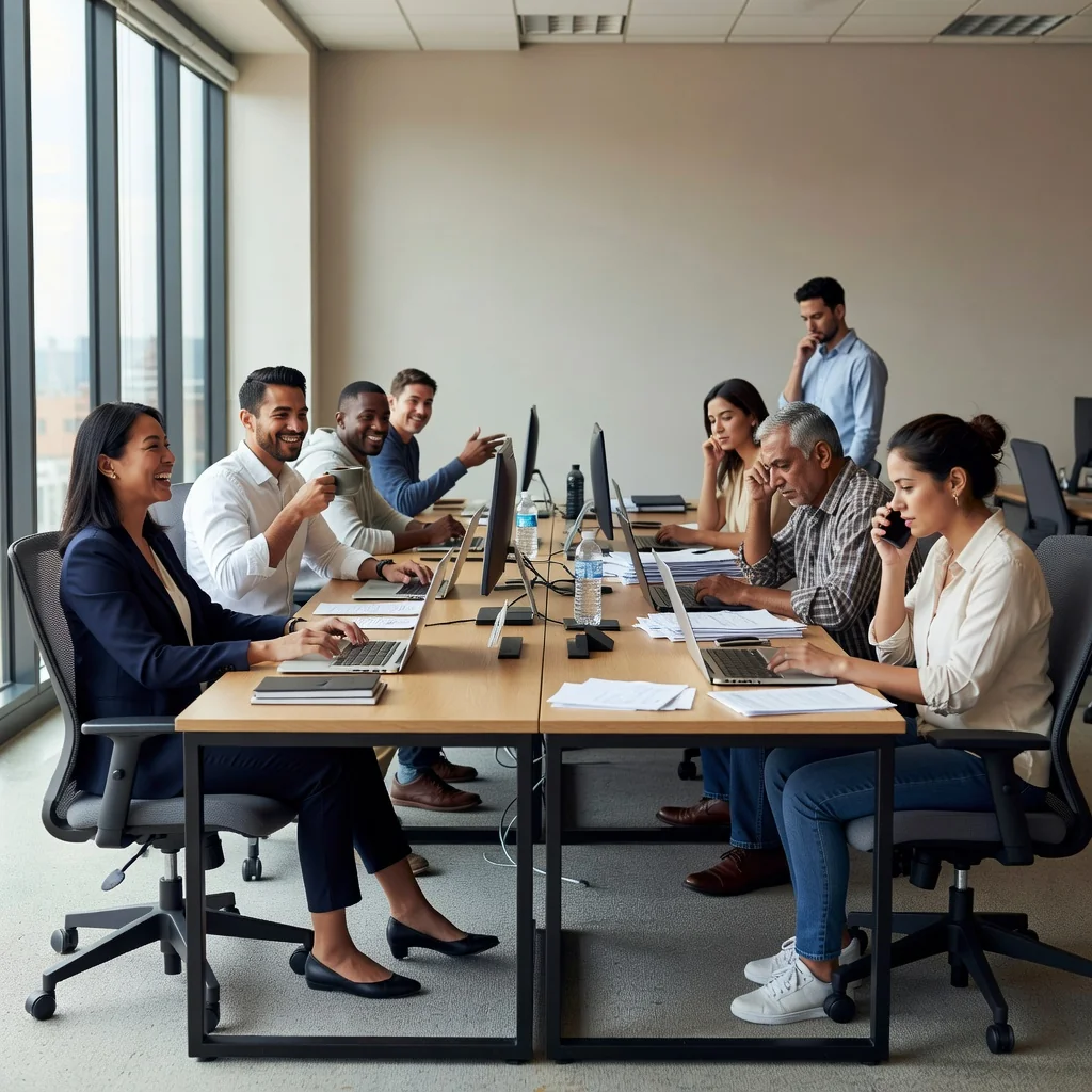 A photorealistic hero image depicting the pros and cons of zero-hours contracts, showing a diverse group of adult workers in a modern office environment, some looking satisfied and engaged while others appear uncertain or flexible, symbolizing the balance between freedom and uncertainty in employment, no children present.