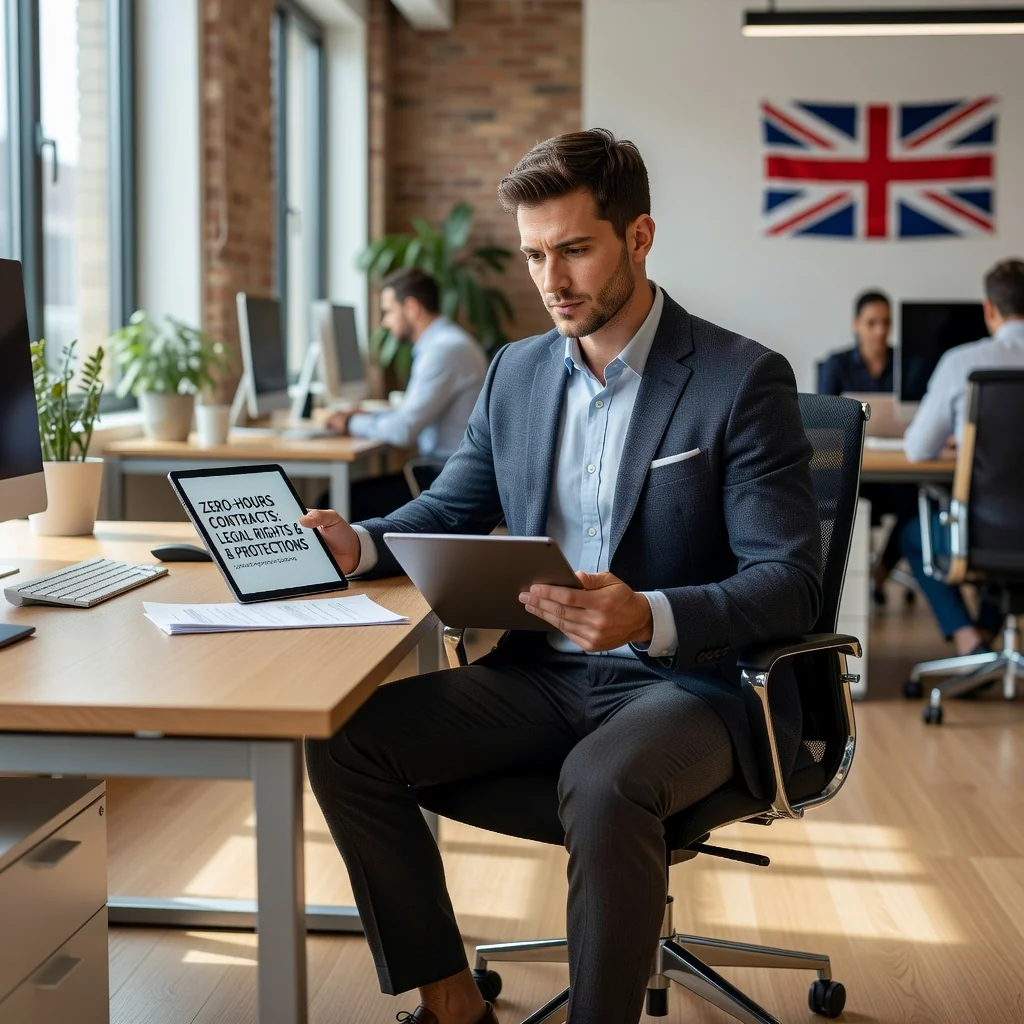 A photorealistic image depicting an adult worker in a modern UK office setting, looking thoughtfully at a tablet displaying a contract summary, symbolizing awareness of rights under zero-hours contracts. The scene conveys empowerment and protection in employment, with no children present.